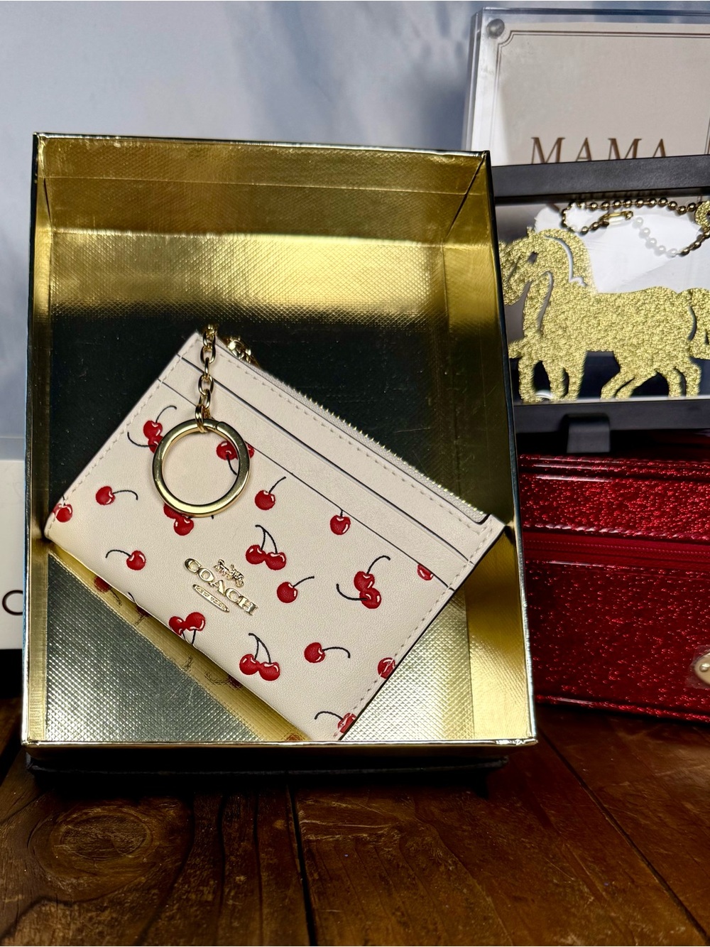 Coach Cherry Print Mini Skinny ID Case, Chalk Multi, CFA32, NWT